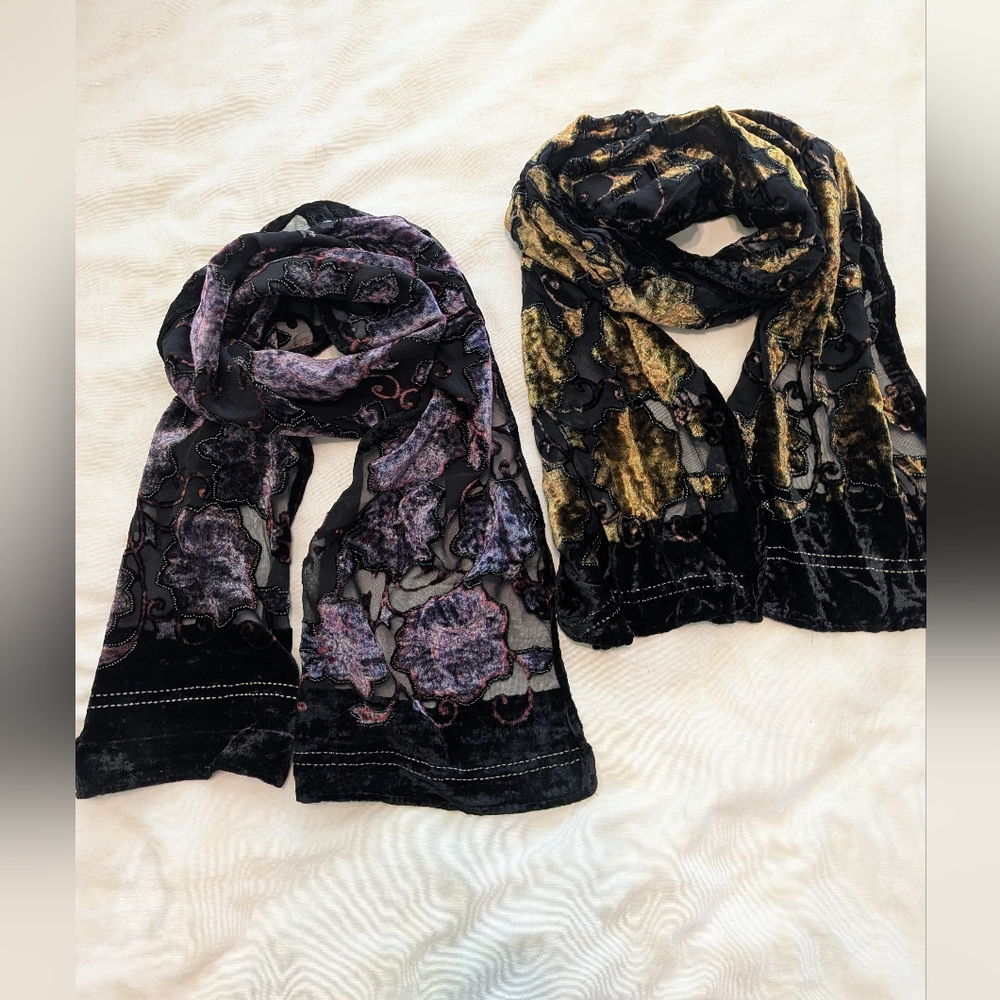 Two Silk Blend Velvet Burnout Scarf Black Gold Purple Floral pattern